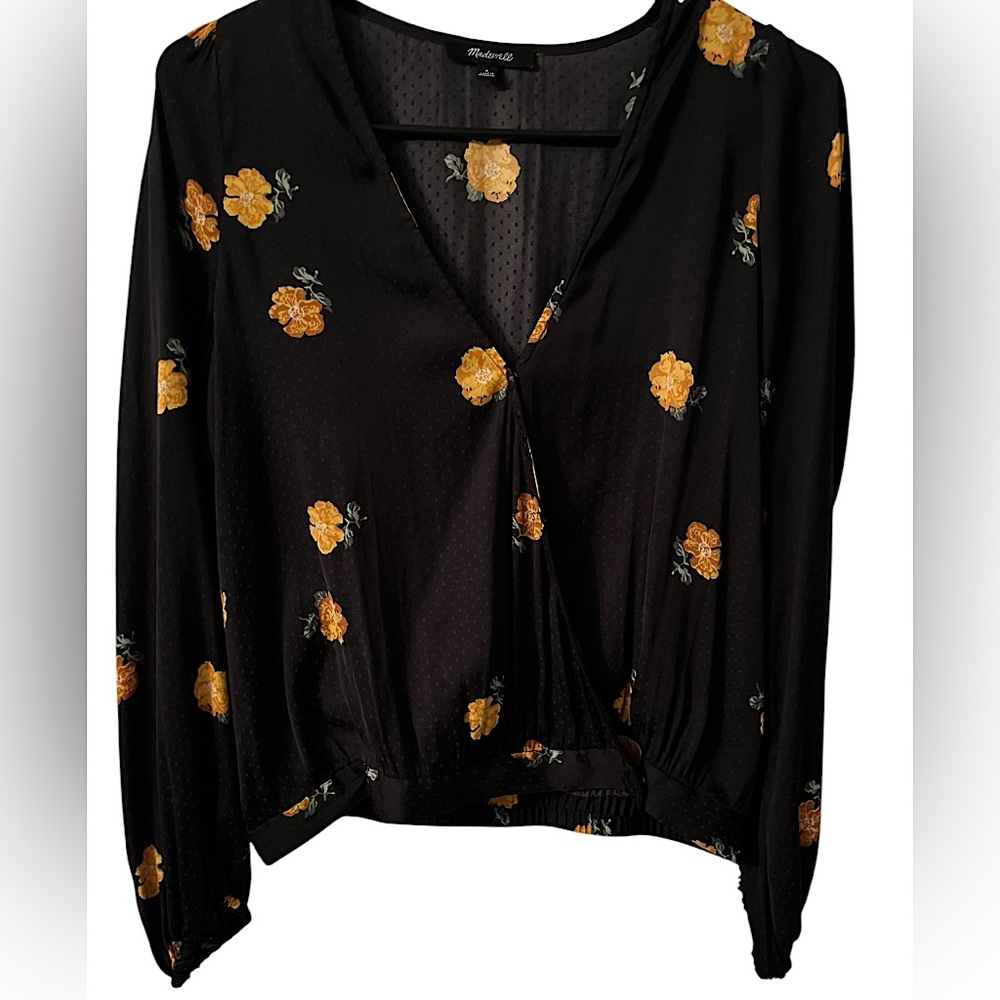 Madewell Black Polka Dot Top with Yellow Flowers Sz S